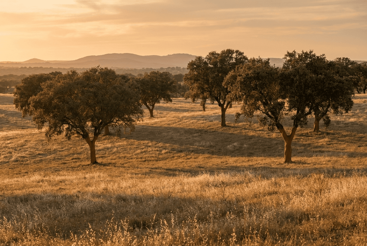 Montado e planície dourada do Alto Alentejo ao fim da tarde